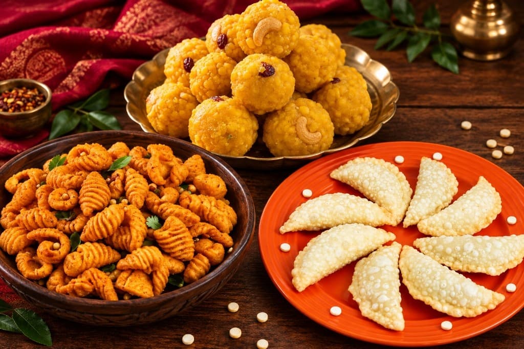 Authentic homemade Bundi Laddu, Karam Gavallu & Kobari Karjakayyallu Combo